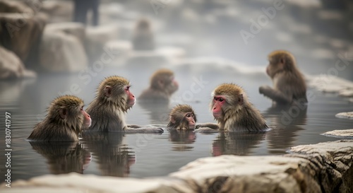 Group of Japanese snow monkeys soaking in a steaming hot spring surrounded by rocks and mist, red faces relaxed as they huddle together against the cold, revealing tender social bonds in a unique wint