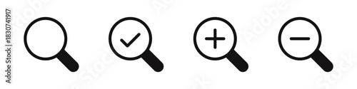 Simple magnifying glass icon set for search and zoom interfaces. Vector illustration of loupes in various line styles.