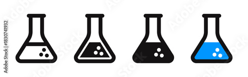 Chemistry beaker icon set for laboratory research and education. Vector illustration of conical flasks in outline, filled, and colored styles.