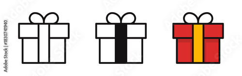 Gift box icon set for holidays, birthdays, and celebrations. Vector illustration of presents with bows in outline, solid, and red/gold styles.