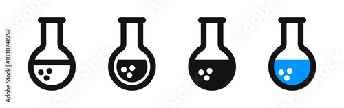 Chemical flask icon set for science and laboratory concepts. Vector illustration of round bottom flasks in outline, solid, and blue liquid styles.