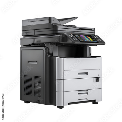 Modern multifunction office printer scanner copier on white background