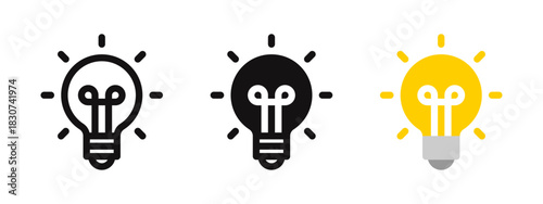 Light bulb icon set representing ideas, innovation, and creativity. Vector illustration of lamps in outline, solid black, and yellow styles.
