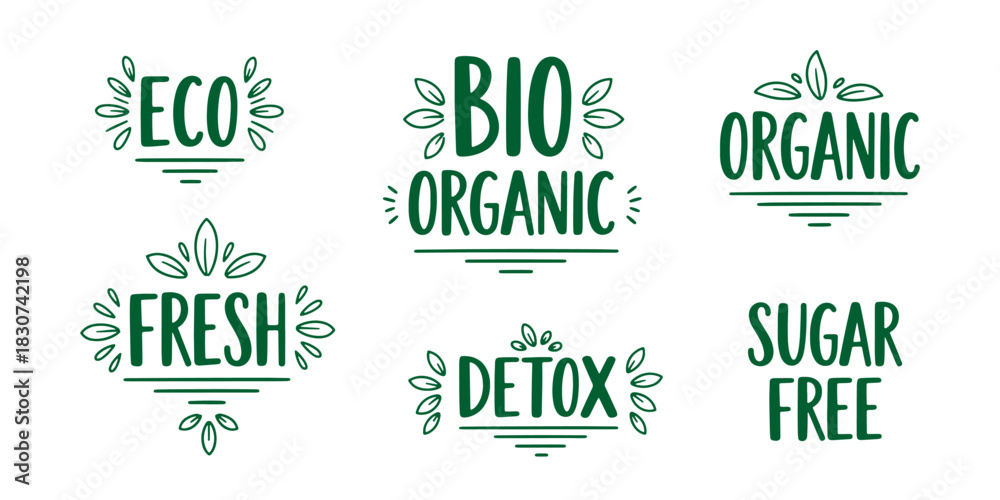 Fototapeta premium Set of hand-drawn green typographic labels promoting eco-friendly, organic, and bio products with leaf accents.