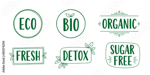 Set of hand-drawn green typographic labels promoting eco-friendly, organic, and bio products with leaf accents.