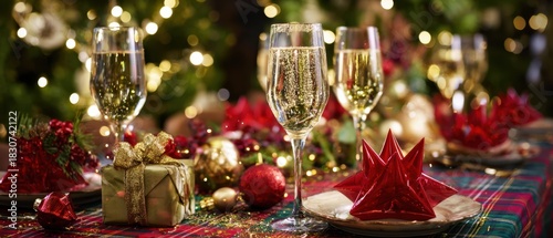 The champagne glasses on a festive holiday dinner table with Christmas decorations