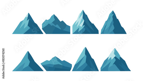 Mountain range collection, peaks and landscapes, flat vector illustration