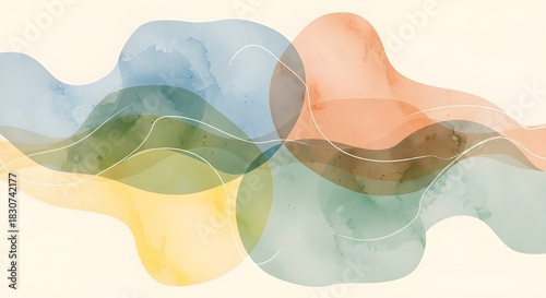 Fluid multicolor shapes layered with gentle transparency, creating a modern abstract flow
