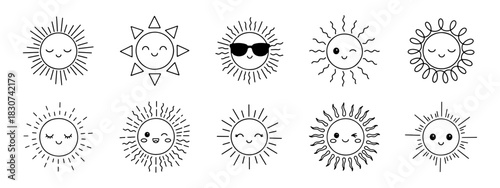 Adorable set of kawaii sun icons featuring cute smiling faces, winking expressions, and sunglasses in line art.