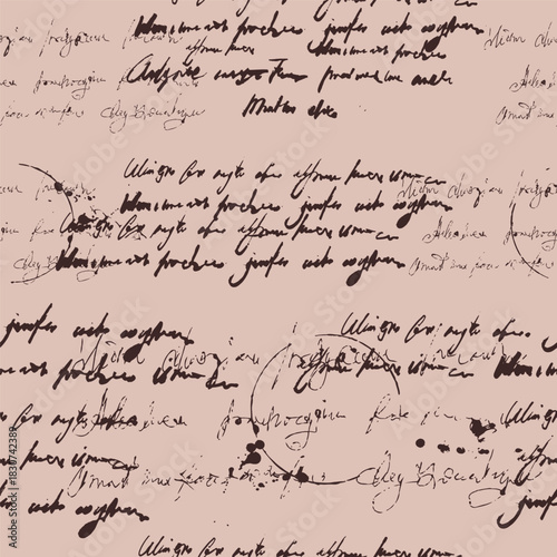 Handwritten illegible text ink, splatter, vintage seamless pattern