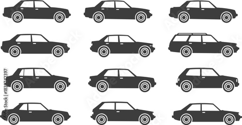 Set of twelve car silhouettes in various sedan, station wagon, and hatchback styles, vehicle icons collection vector graphic illustration.