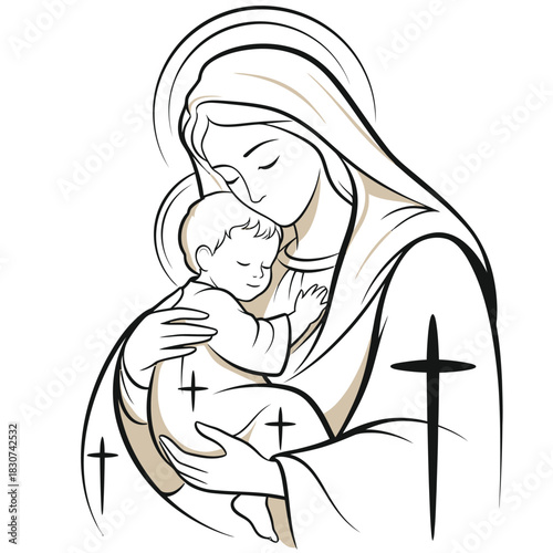 Beautiful artwork of Mary holding baby Jesus, a timeless representation of love, hope, and faith, perfect for religious publications and inspirational art projects
