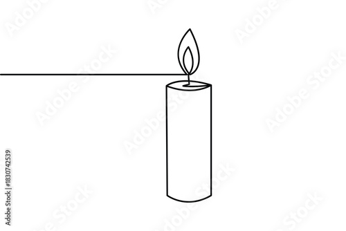 Minimalist one line art drawing of a lit candle on white background illustration