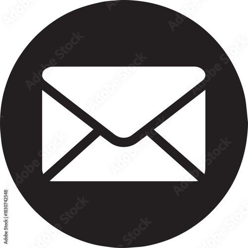 A minimalist, bold black circle contains a white silhouette of an open envelope, symbolizing communication and mail services.