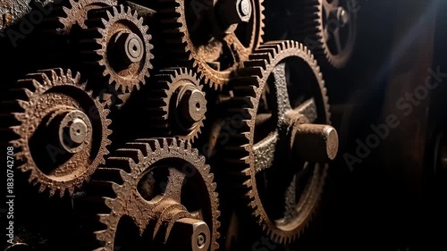 Watch aged rusty gears intricately interlock showing the relentless passage of time