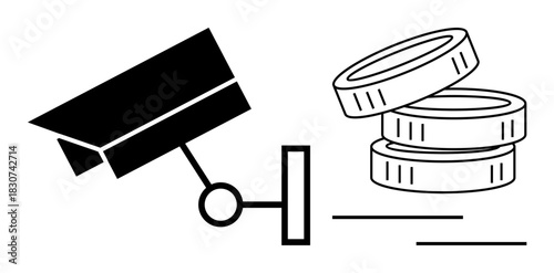 Black surveillance camera facing a stack of coins highlights themes thumbs up security, monitoring, or currency. Ideal for technology, finance, privacy, security, tracking, control and surveillance