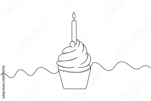 Minimalist line drawing of a cupcake with burning candle icon illustration