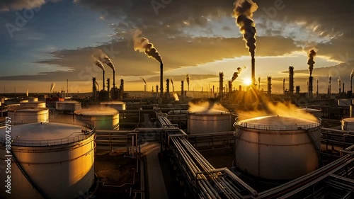 Dynamic aerial view of oil refinery with dramatic sky at sunset, industrial complex