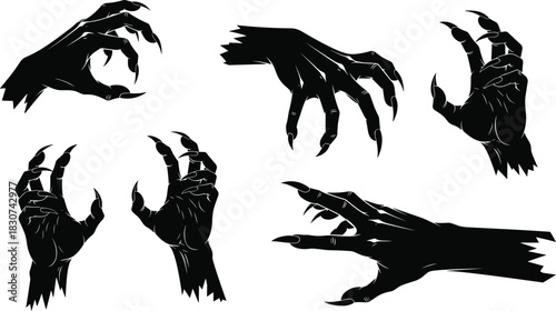 PrintSilhouette of scary monster hands vector illustration set, black zombie claws collection for Halloween design, isolated on white background, creepy witch arms.
