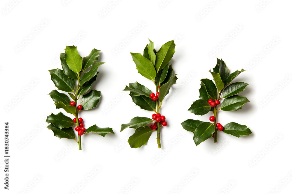 Fototapeta premium Real, freshly picked holly branches on a white background. Natural Christmas holly sprigs arranged in a row.