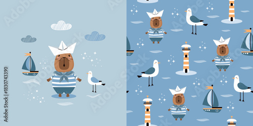 Children's background and seamless pattern with a funny capybara in a sailor costume, a seagull, and a boat. Vector design for fabric, wallpaper, wrapping paper, and more.