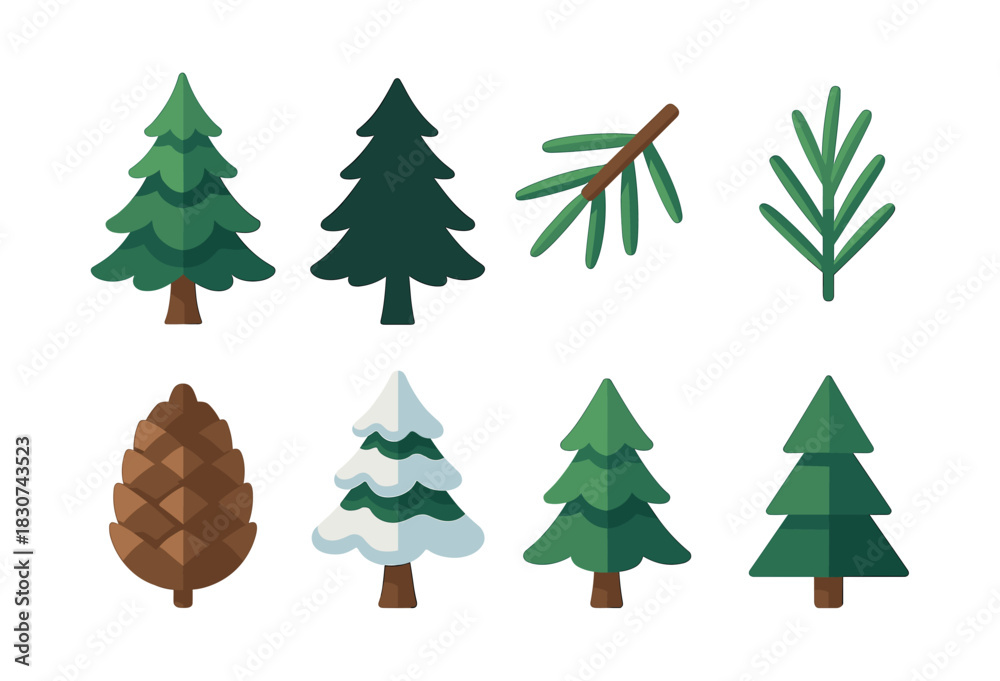 Fototapeta premium Christmas tree collection, pine, spruce, flat vector illustration for design projects