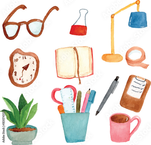 work and study from home essential watercolor clipart  - glasses, clip, lamp, watch, clock, book, notes, plant, pen, coffe, tea, tape, pencil.