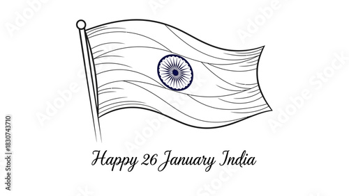 Line art drawing of the Indian flag waving with Ashoka Chakra and 'Happy 26 January India' text below, celebrating Republic Day.