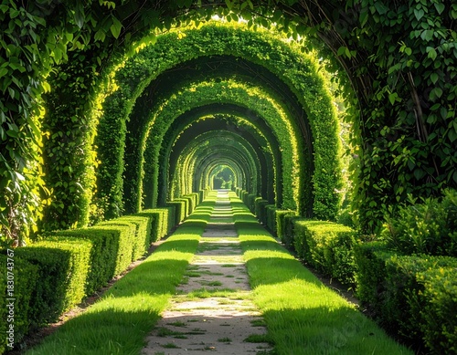 Leafy arched tunnel over pathway, manicured hedges