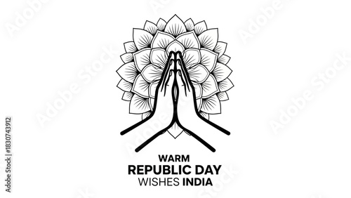 Black and white illustration of hands in Namaste gesture with a floral mandala background and Republic Day wishes for India.