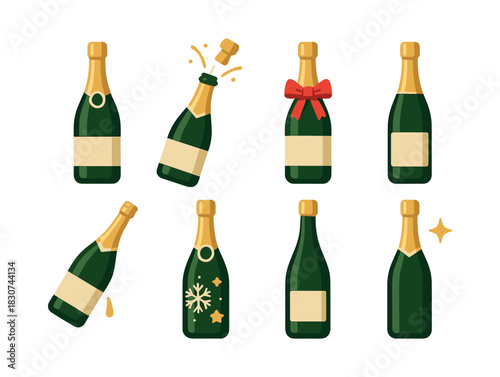 Variety of champagne bottles, celebration drinks, flat vector illustration