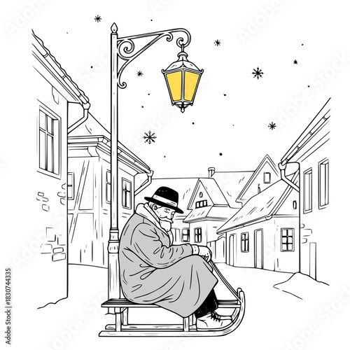 Cute vector scene with an old man falling asleep on a sleigh and sled in village alley in winter 