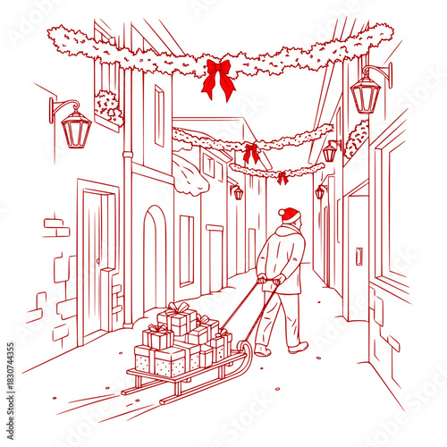 Man pulling child on sled through wooden gate in winter landscape  