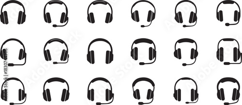 Seamless Pattern of Black Headsets on White Background Technology and Communication