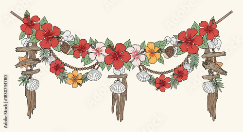 Tropical hibiscus garland with seashells and wooden accents for summer party decor, bringing a vibrant island vibe to your luau celebration