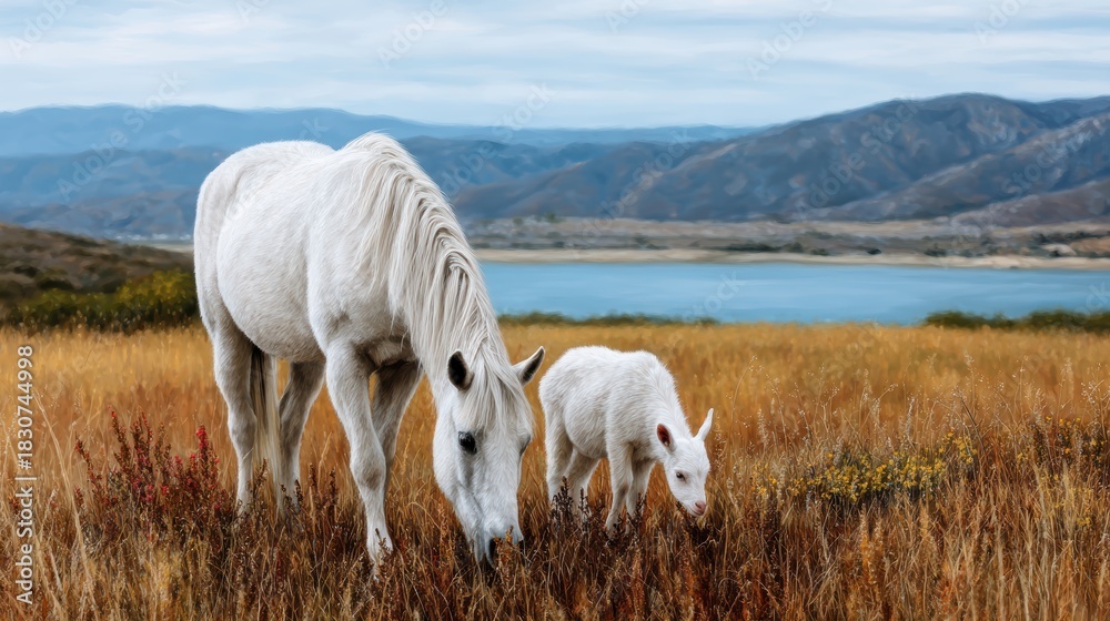 Fototapeta premium A serene scene of white horses grazing alongside their foal in a picturesque landscape, symbolizing grace, beauty, and the simplicity of life in harmony with nature.