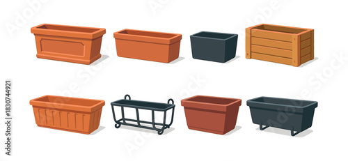 Garden pots collection, planters, containers, flat vector illustration