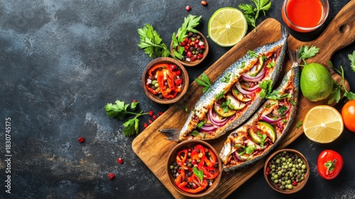 Two baked fish with vegetables on a wooden board