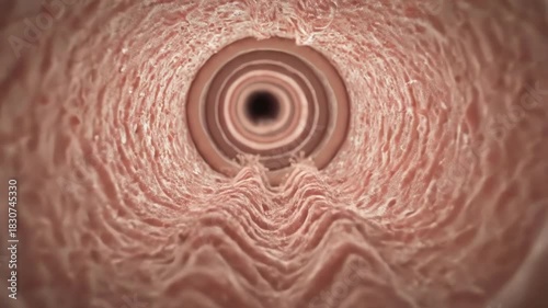 Airflow traveling through the trachea, passing across cartilaginous rings that form smooth ridges along the tube, tiny droplets of moisture cling to the mucosal surface