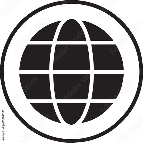 A minimalist black and white graphic of a globe with latitude and longitude lines, enclosed within a circular border. Represents global concepts.