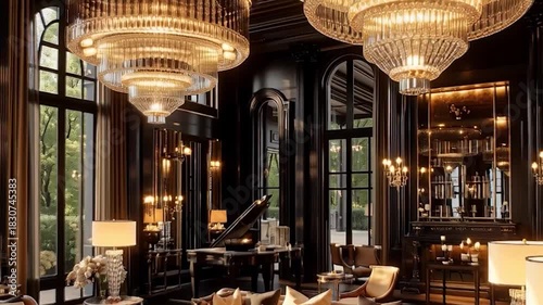 Luxurious Grand Living Room with Elegant Chandeliers and Plush Seating.