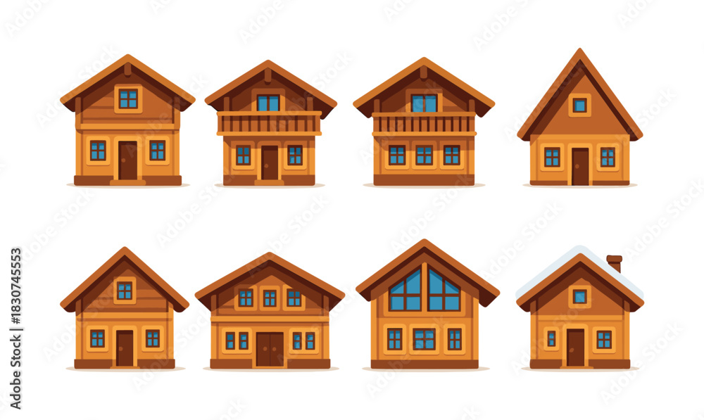 Fototapeta premium Cabin and chalet collection, cozy homes, flat vector illustration