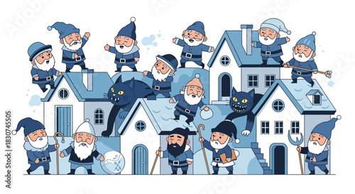 Whimsical gnomes and mischievous cats in a charming village illustration, perfect for children's books and holiday decor projects