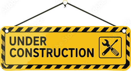Under construction sign with tools hanging for website maintenance concept