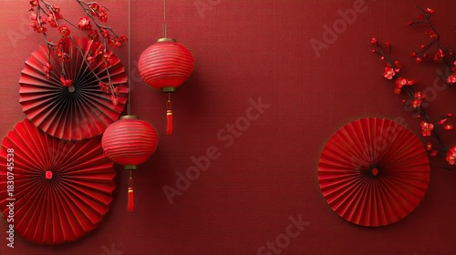 Red New Year decorations, with plum blossoms, red lanterns, and paper fans placed on the ground, minimalistic high-definition scene celebrating New Year traditions and festive atmosphere.