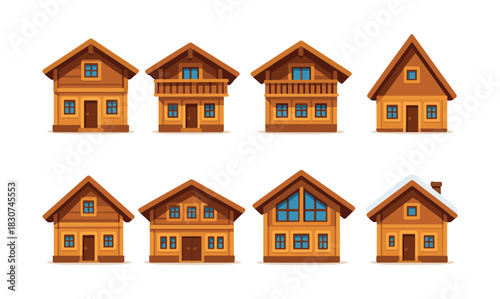 Cabin and chalet collection, cozy homes, flat vector illustration