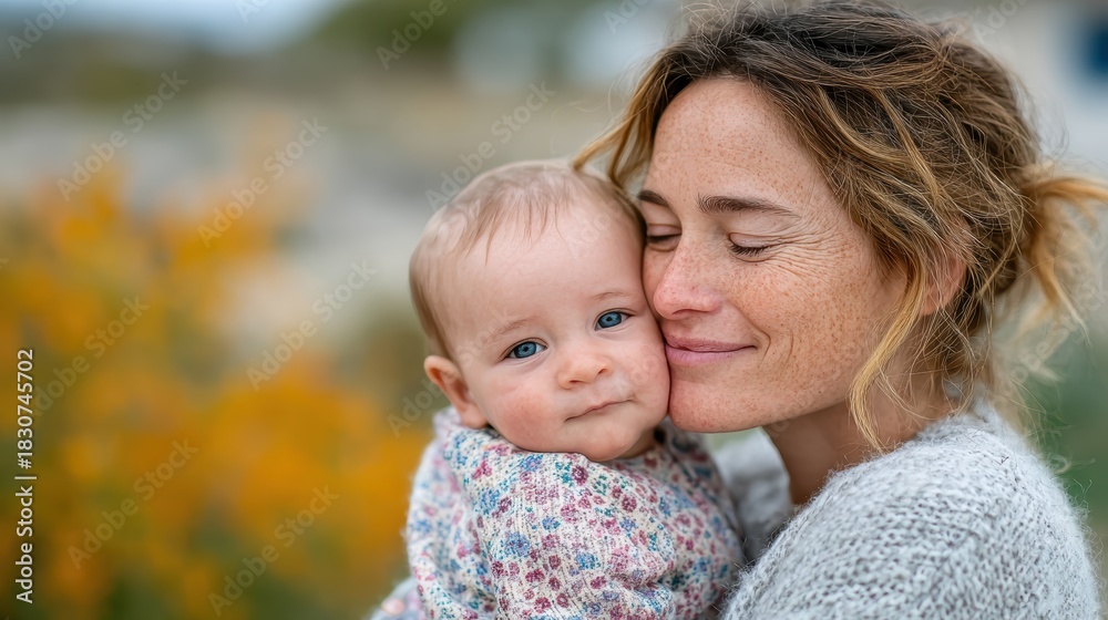 Obraz premium A mother lovingly embraces her baby, sharing a moment of joy and connection, surrounded by a serene outdoor setting that enhances their emotional bond.