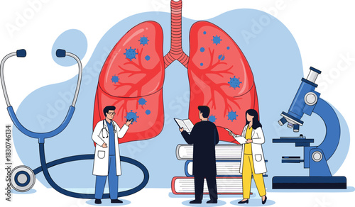 Doctors and Researchers Studying Human Lungs with Viral Infection, Microscope, and Stethoscope for Respiratory Disease Diagnosis and Treatment Vector