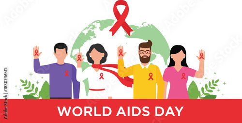 World AIDS Day Vector Illustration Showing Diverse People Raising Hands with Red Ribbons in Solidarity and Global Awareness for HIV Prevention