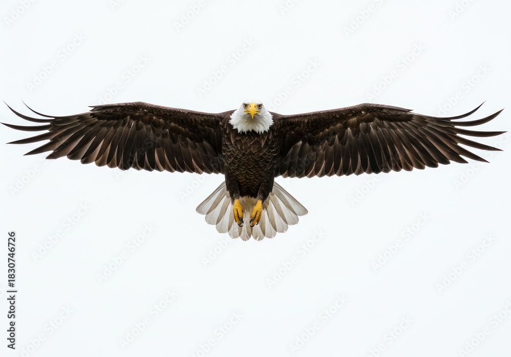 Obraz premium Majestic Bald Eagle in Flight with Spread Wings Against Bright Sky
